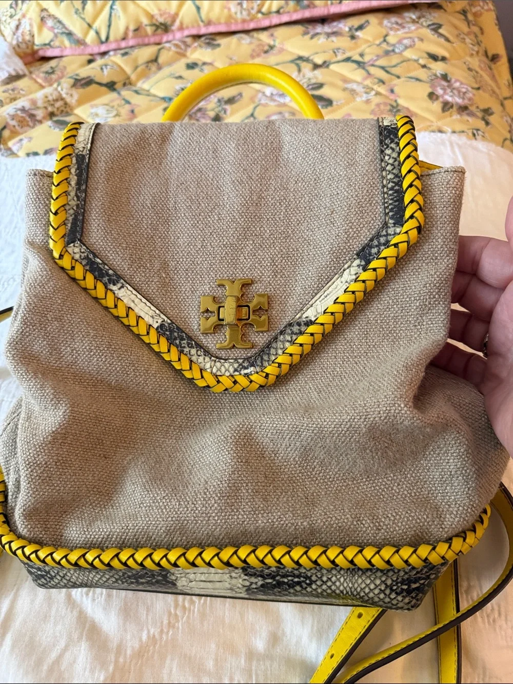 Tory Burch Beige Canvas Mini Backpack with Yellow Trim